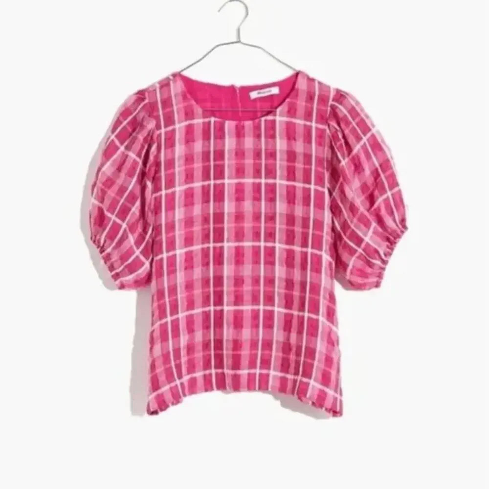 Madewell Pink Plaid Puff-Sleeve Top